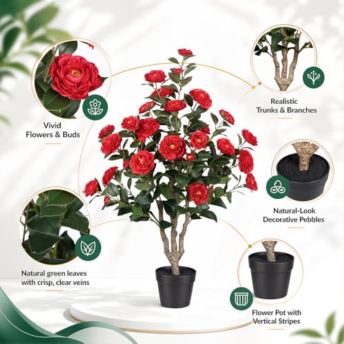 3ft Artificial Camellia Tree 2 Pack, 36" Faux Potted Camellia Plant with Vibrant Red Silk Flowers, UV Resistant Fake Flowering Tree for Front Porch Indoor Outdoor Home Office Floor Decor - color: Camellia Tree Red