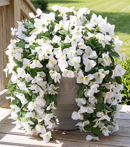 Faux Bougainvillea Artificial Flowers for Outdoors Fake Plants Outside Decoration, 2 PCS White Faux Flowers UV Resistant Look Real Silk Long Trailing Vines for Front Door Porch Planter Patio Garden - color: White