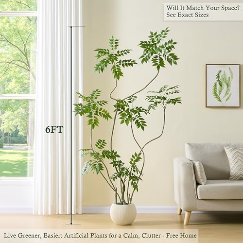 Artificial Sumac Tree：6FT Faux Mahonia Fortunei Tree Realistic Fake Floor Plant Silk Leaves & Elegant Branches in Pot Fake Plant for Minimalist Decor Indoor Home Sala Office Hotel Patio Studio - color: Sumac Tree, size: 6FT