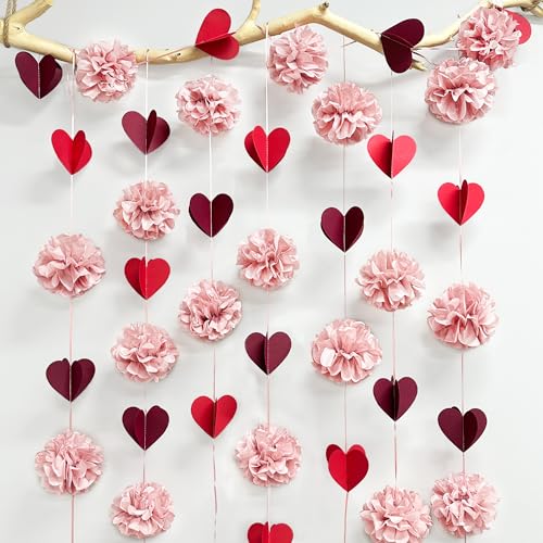 Dusty Rose Pink Party Decoration Tissue Flowers Pom Pom with Burgundy Red 3D Heart Hanging Paper Garland Banner Streamer for Valentines Day Birthday Baby Shower Wedding Bridal Shower Party Supplies - color: Burgundy Red Heart