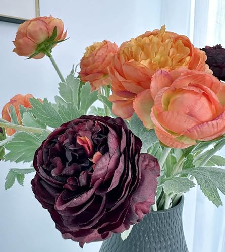 7pcs Silk Peonies Artificial Flowers, Faux Orange and Burgundy Peonies Mixed for Vase, Fake Flower Stems Arrangement for Home Kithcen Dining Table Centerpieces, Farmhouse Office Decoration - color: Orange & Red Wine