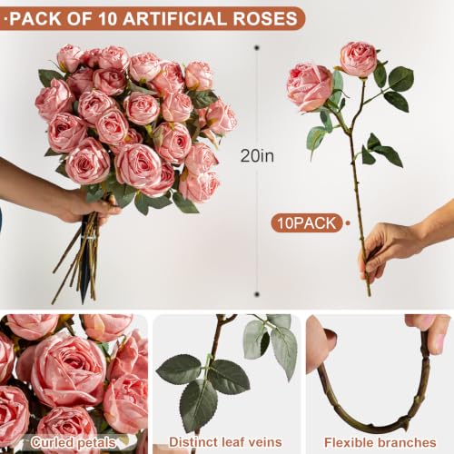 Old Fashioned Artificial Rose Bouquet 20pcs Silk Fake Rose Flowers Loose Open Rose Arrangement Realistic Faux Floral for Wedding Anniversary Valentine Gift Home Kitchen Decor(Pink) - color: Light Pink