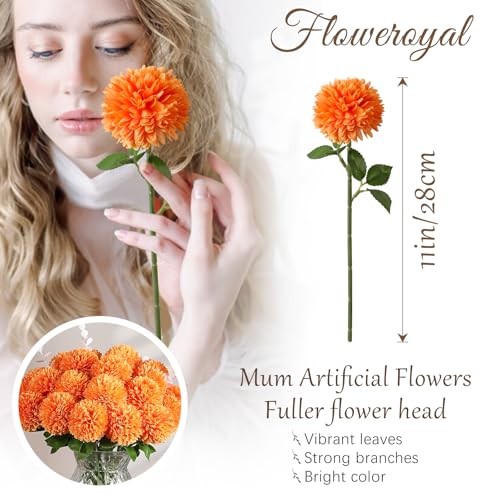 Floweroyal 24pcs Fall Flowers Artificial Chrysanthemum Ball Flower, Fake Mums Silk Hydrangea Flowers Bridal Wedding Bouquet for Home Garden Party Office Autumn Decor - color: Fall Orange-24pcs