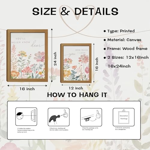 Watercolor Wildflower Wall Art Set of 3, Boho Botanical Flowers Canvas Prints Wall Decor, with Heart Line and romantic song lyrics for couple Gifts and Bedroom Office Home Decor 16x24 In Wood Framed - color: Flower Heart, size: 24L" x 16W"