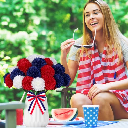 36 Pcs Artificial Chrysanthemums Flowers Patriotic Flowers Decor 4th of July Fake Silk Flowers Bouquet for Home Decor Indoor Memorial Day Table Centerpiece (Red, White, Blue) - color: Red, White, Blue