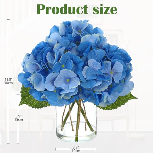 DILATATA Hydrangea Artificial Flowers with Glass Vase, Blue Real Touch Silk Hydrangea Arrangement with Faux Water, Small Faux Floral Centerpiece for Home Decor, Wedding, Bathroom, Shelf, Coffee Table - color: Blue-hydrangea