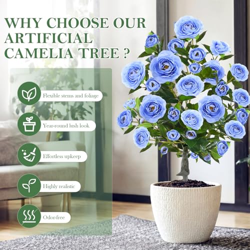 Lunmon 2 Pack 3ft Artificial Camellia Plants Tree 36" Faux Camellia Flower with Spike UV Resistant Realistic Fake Floral Blooming Bush for Indoor Outdoor Front Door Porch Backyard Garden, Light Blue - color: Light Blue, size: 3 ft