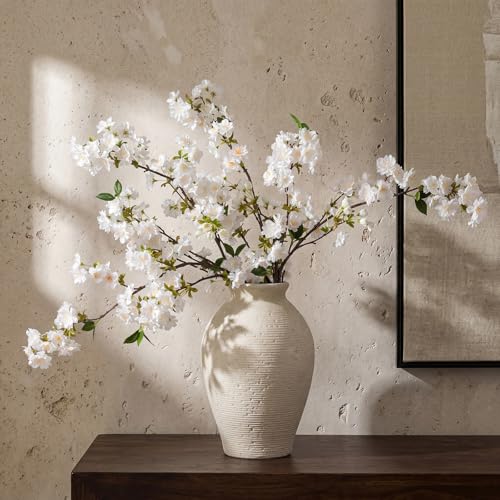 3 Pcs White Cherry Blossom Branches 37 Inch Artificial Fake Realistic Cherry Blossom Stems Silk Faux Extra Long Stem Flowers for Tall Vase Home Decor Wedding Table Centerpieces - color: White