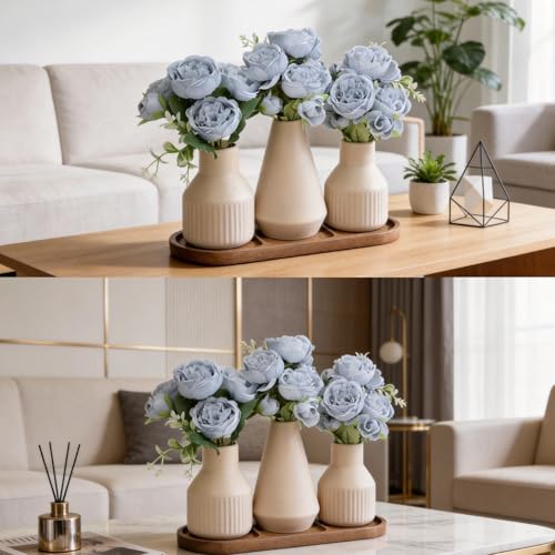 Flower Table Centerpiece - Dining Table Centerpiece Decor Set of 3 Fake Peonies in Ceramic Vases & Wood Tray Modern for Kitchen Island Living Room Coffee Table Home Decor (Blue) - color: Blue