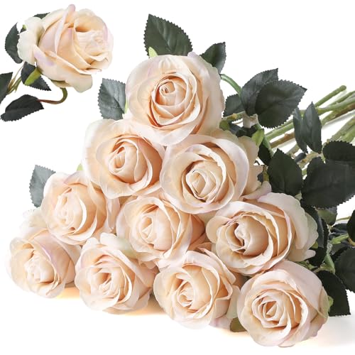 Nubry Artificial Silk Rose Flower Single Stem Lifelike Vintage Fake Rose for Wedding Bouquet Floral Arrangements Home Party Centerpiece Decoration, 10pcs (Vintage Champagne) - color: Vintage Champagne