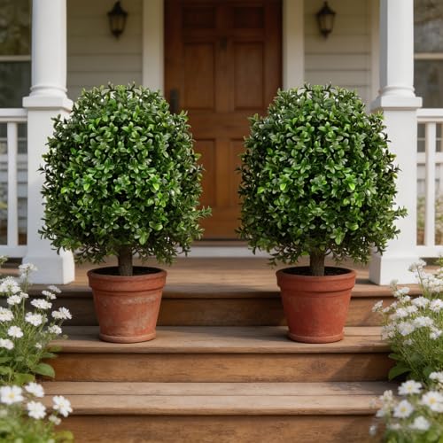 25" Artificial Boxwood Topiary Ball Tree - 2-Pack Realistic Touch Dual-Tone UV-Resistant Outdoor Fake Plant with Triangular Stake & Natural Trunk Texture, Faux Topiary Bush for Garden Porch Decor