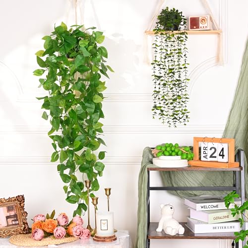 Waipfaru Fake Hanging Plants, 2pcs Artificial Potted Plant, Faux Ivy Pothos Vines Greenery for Wall Home Bedroom Living Room Aesthetic Kitchen Office Aesthetic Kitchen Indoor Outdoor Decor - color: Epipremnum Aureum, size: 2Pcs Plants with Pot