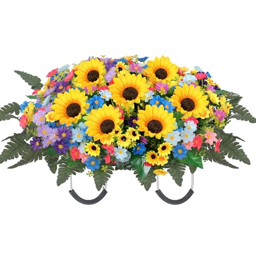 Lodou Artificial Cemetery Flowers for Grave,Headstone Flower Saddle Silk Sunflowers Grave Flowers for Cemetery Memorial for Outdoor Gravesite Decoration (Color) - color: Color