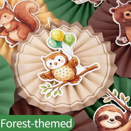 Easy Joy Woodland Baby Shower Decorations Brown Green Hanging Paper Fans Animal Birhday Decorations for Wall Cute Animal Classroom Hanging Folding Fan Forest Themed Jungle Safari Birthday Party Decor - color: Brown and Green