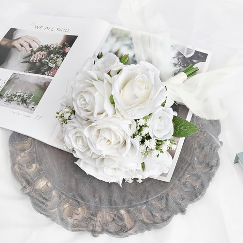 Wedding Bouquet for Bride - Premade Simple Artificial Roses Flowers for Bridal Shower Destination Ceremony Anniversary Decorations - White - color: White