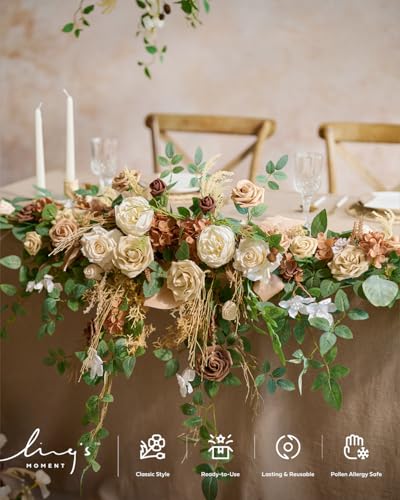 Ling's moment Artificial Flowers Fake Silk Hydrangea Faux Gardenia Foam Roses Combo for DIY Wedding Centerpieces Arrangement Bridal Shower Party Home Decoration, Earth Brown & Tawny Beige, 31pcs - color: Brn-earth Brown & Tawny Beige