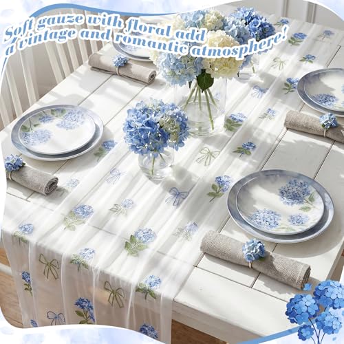 Mindsoft 3 Pcs Hydrangea Floral Table Runner 10ft Gauze Embroidery Blue Hydrangea Decor Flower Spring Summer Tulle Lace Table Runner for Wedding Bridal Baby Shower Holiday Dining Decor DIY - style: Hydrangea
