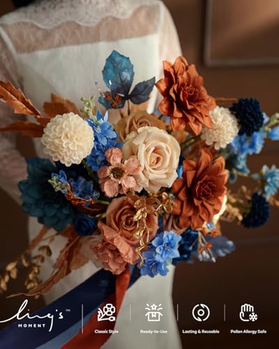Ling's moment Blue and Orange Wedding Bouquets for Bride, Navy Orange Bridal Bouquets for Bride, 15 Inch Free Form Artificial Wedding Flowers Bouquets - color: Or-burnt Orange & Navy, size: Medium 15 Inch
