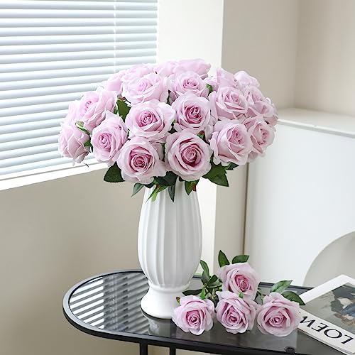 Tifuly Light Purple Roses Artificial Flower - 12 Pcs Long Stem Silk Roses, Realistic Fake Roses with Stems for Bridal Bouquets, Home and Office DIY Decor - color: Light Purple