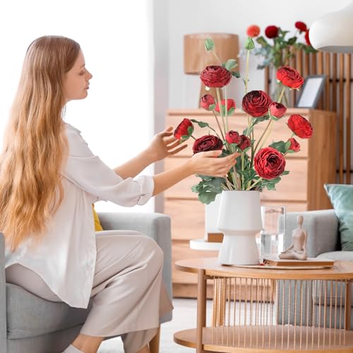 6Pcs Realistic Silk Red Ranunculus Artificial Flowers Long Stems, 23.6" Tall Fake Flowers Faux Flowers Suit for Year-Round Home Decoration, Wedding, Bridal Bouquets, Office - color: Red