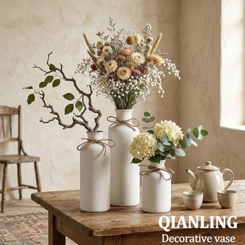 White Ceramic Vase Set - 3 Small Vases, Minimalist Decor Boho Vases, Modern Farmhouse Home Décor Accents, Living Room Centerpieces for Home Décor Room,Entryway, Bookshelf, Mantel, Shelf Décor - color: Matte White