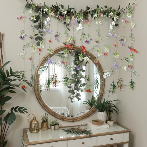 Yunlly 4 Pcs 24 ft Wildflower Garland Pre Strung Artificial Hanging Flower Vine Backdrop Floating Faux Silk Floral Ceiling Garland Garden Party Decor for Wedding Bridal Wall Arch Birthday Baby Shower