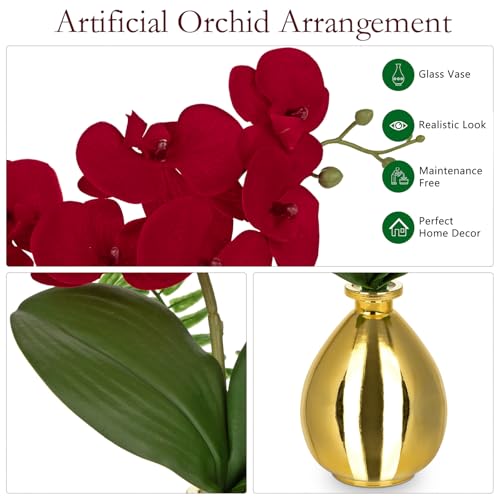 Oairse Red Orchids Artificial Flowers, Faux Orchid in Glass Vase Real Touch Small Phalaenopsis Orchid Flowers Arrangements with Gold Vase Orchids Centerpiece for Dining Room Table - color: Red & Gold