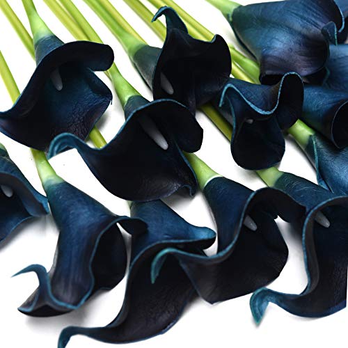FiveSeasonStuff Real Touch Calla Lily Artificial Flowers Wedding Bridal Bouquet | Floral Arrangements | 15 Calla Lilies (Night Blue) - color: Night Blue