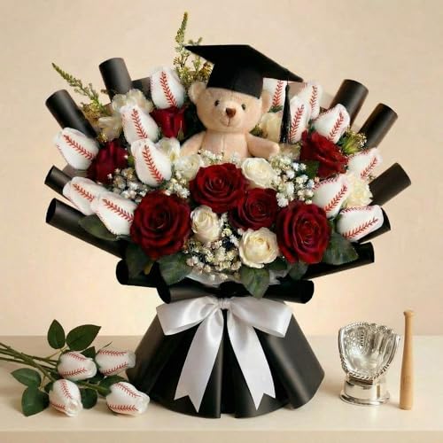 Suhine 12 Pcs Artificial Baseball Rose Flowers Sports Party Favors Bulk for Birthday Graduation Wedding Party Decorations Table Centerpieces Game Prizes Senior Night Gifts(Baseball Color, Normal) - color: Baseball Color, size: Normal