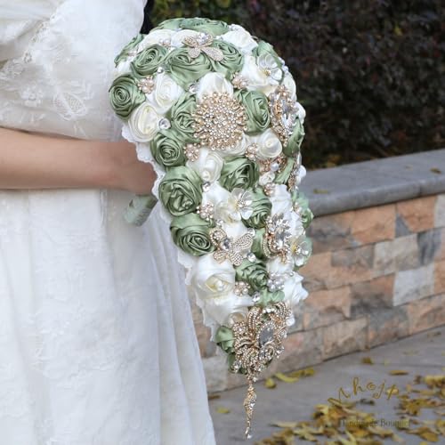 Luxury Cascade Bridal Wedding Bouquet Satin Rose Waterfall Holding Bouquet Artificial Flower Bunch for Bride Bridesmaid(Sage Green & Ivory, 15" x 7.5") - color: Sage Green & Ivory, size: 15"L x 7.5"W(38cm x 19cm)