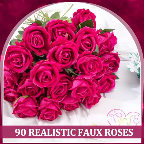 90 Pcs Hot Pink Velvet Rose Artificial Flowers with Long Stems, Fake Silk Roses Real Touch Fake Roses Florals for Birthday Wedding Bouquet Party Arrangement Decorations - color: Hot Pink