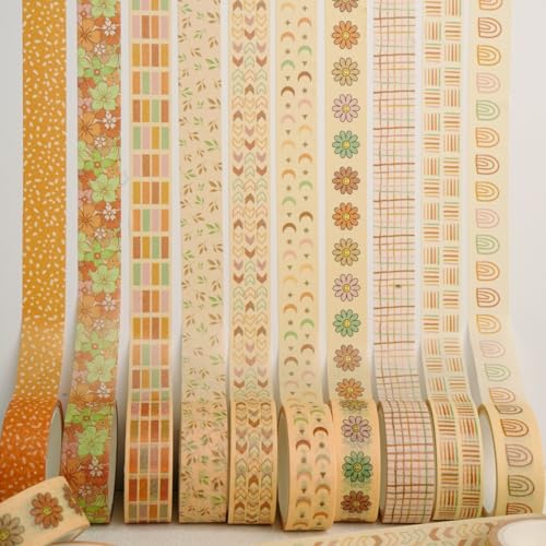 Boho Washi Tape Set 10 Rolls Cute Masking Graphic Floral Pattern Decorative Tapes for Arts, DIY Crafts, Journals, Planners, Scrapbook, Wrapping (Colors) - color: Colors