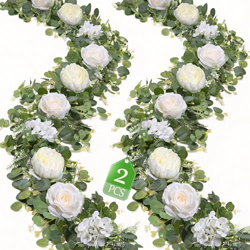 Livole 2Pcs 6 FT Artificial Flower Garland Fake White Rose Peony Floral Garland with Eucalyptus Flower Hanging Vine for Wedding Arch Table Centerpieces Backdrop Party Home Decorations - color: White, size: 2 Pcs