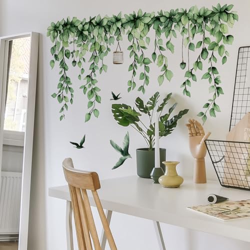 2 Sheets Green Plants Leaves Wall Decals Removable Green Hanging Vines with Birds Wall Stickers Peel and Stick Vinyl Leaf Wall Decor for Bedroom Living Room Bathroom Classroom Decorations - style: Green Plants Leaves 2