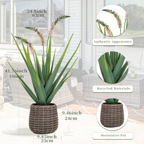 3.5ft Artificial Agave Plants, Fake Aloe Vera Plant with 16 Leaves in Brown Pot, Large Faux Floor Plant for Home Office Hotel Bedroom Patio Balcony or Garden Indoor Decor - size: 42"