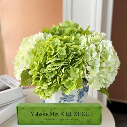YalzoneMet Hydrangea Artificial Flower Natural Lifelike Real 21 inch Latex Long Stem 2 Light Green+2 Dark Green Hydrangea Flower Bouquets for Home Party Outdoor Wedding Table Centerpiec Decor - color: Dark/Light Green