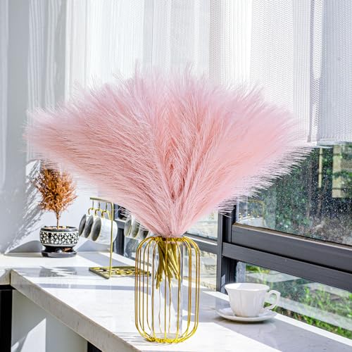 10 Stems Pink Pampas Grass Decor - 17.7" Faux Pampas Grass Artificial Fluffy Small Flower Arrangement and Vase Filler for Boho Home Wedding Mothers Day Decoration - color: Pink