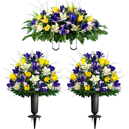 Sympathy Silks Artificial Cemetery Flowers - Grave Decoration - Yellow Tulips and Purple Iris (1) Headstone Saddle (2) Bouquets (2) Vases - color: Yellow/Purple, size: (1) Saddle (2) Bouquets (2) Vases