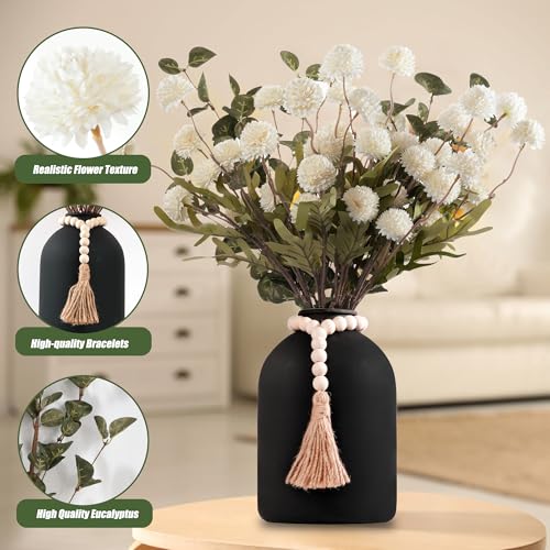 20''H Fake Flowers in Large Vase for Centerpiece Table Decorations with 10Pcs Fake Mums Flowers Eucalyptus Stems Faux Pompon Kiku Flowers Arrangement for Home Decor (White/Black Vase) - color: White/Black Vase