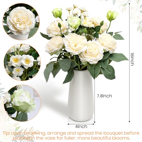 Artificial Flowers in Vase, Fake Roses Peonies Flower Bouquet with Ceramic Vase Floral Arrangements for Dining Table Centerpieces Living Room Indoor Decor - Ivory White - color: Ivory