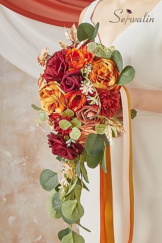 Serwalin 9.8 Inch Wedding Bouquets for Bride Bridesmaid, Orange Burgundy Dahlia Bridal Bouquets for Bride, Wedding Flowers Bouquet, Wedding Ceremony and Anniversary Decor - color: Abundant Orange Burgundy