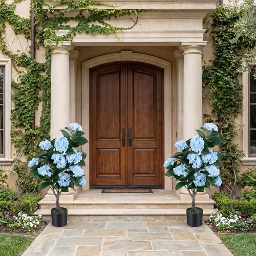 Goplus Artificial Hydrangea Tree, 2 Pack Fake Floral Plant w/11 White Flowers & Realistic Trunk in Plastic Nursery Pot, Indoor Silk Flower Tree for Home Office Living Room Housewarming Gift (Blue) - color: Blue