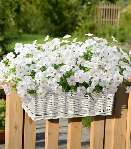 Artificial Flowers for Outdoors Fake Plants Outside Decoration, 20 Bundles White Silk Petunia with Eucalyptus UV Resistant Realistic Faux Flowers for Outdoor Planters Garden Balcony Yard Porch Patio - color: White