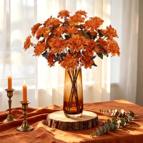 16 PCS Dahlia Artificial Flowers Burnt Orange Silk Bouquet Faux Mums Flowers Arrangement Terracotta Decor Fall Fake Flowers for Home Centerpieces Tables Kitchen Wedding Decoration - color: Burnt Orange