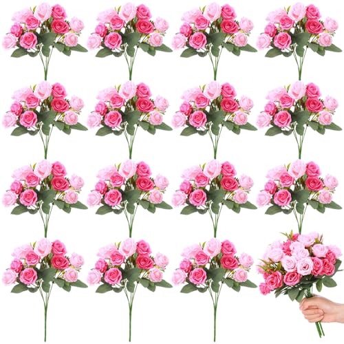Zeyune 16 Bunches 12 Inch Artificial Mini Rose Bouquet 160 Heads Bridal Flower Bouquets Fake Silk Rose Bulk for Valentine's Day Wedding Bridal Shower Home Office Garden(Hot Pink and Pink) - color: Hot Pink and Pink