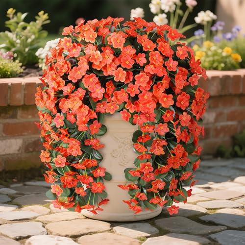 Artificial Fake Fall Hanging Flowers Plants for Outdoor Outside, 2PCS Faux Silk Orange Daisy Mums Trailing Vines UV Resistant Realistic Orchid for Autumn Front Door Porch Planter Patio Garden - color: Orange