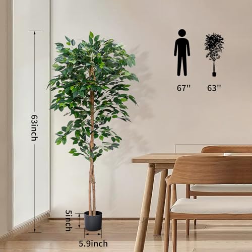 HAIHONG 1Pack 5FT Artificial Ficus Tree with Realistic Leaves and Natural Trunk, Faux Ficus Tree with Sturdy Plastic Nursery Pot, Fake Ficus Tree for Office Home Farmhouse for Indoor Outdoor Decor - color: Ficus Tree, size: 6in