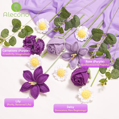 Alecono Crochet Flower Bouquet, Purple Knitted Flowers, Large Knitted Flower for Graduation Anniversary Party Christmas Festival Gifts (Include Card) - color: Lavender, size: X-Large
