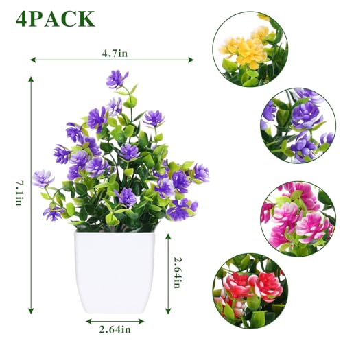 CEWOR Fake Flowers 4 Packs Artificial Plants Indoor Mini Eucalyptus Flowers Decorations for Spring Desk Wedding Bathroom Office Home Room Table Decor Indoor Outdoor - color: Mix Red Rose Yellow Purple
