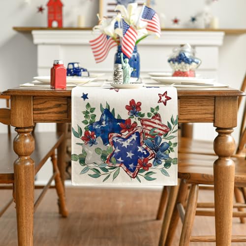 Artoid Mode Eucalyptus Flowers Stars Patriotic 4th of July Table Runner, Memorial Day Kitchen Dining Table Decoration for Home Party Decor 13x72 Inch - color: Beige, size: 13" x 72", Table Runner